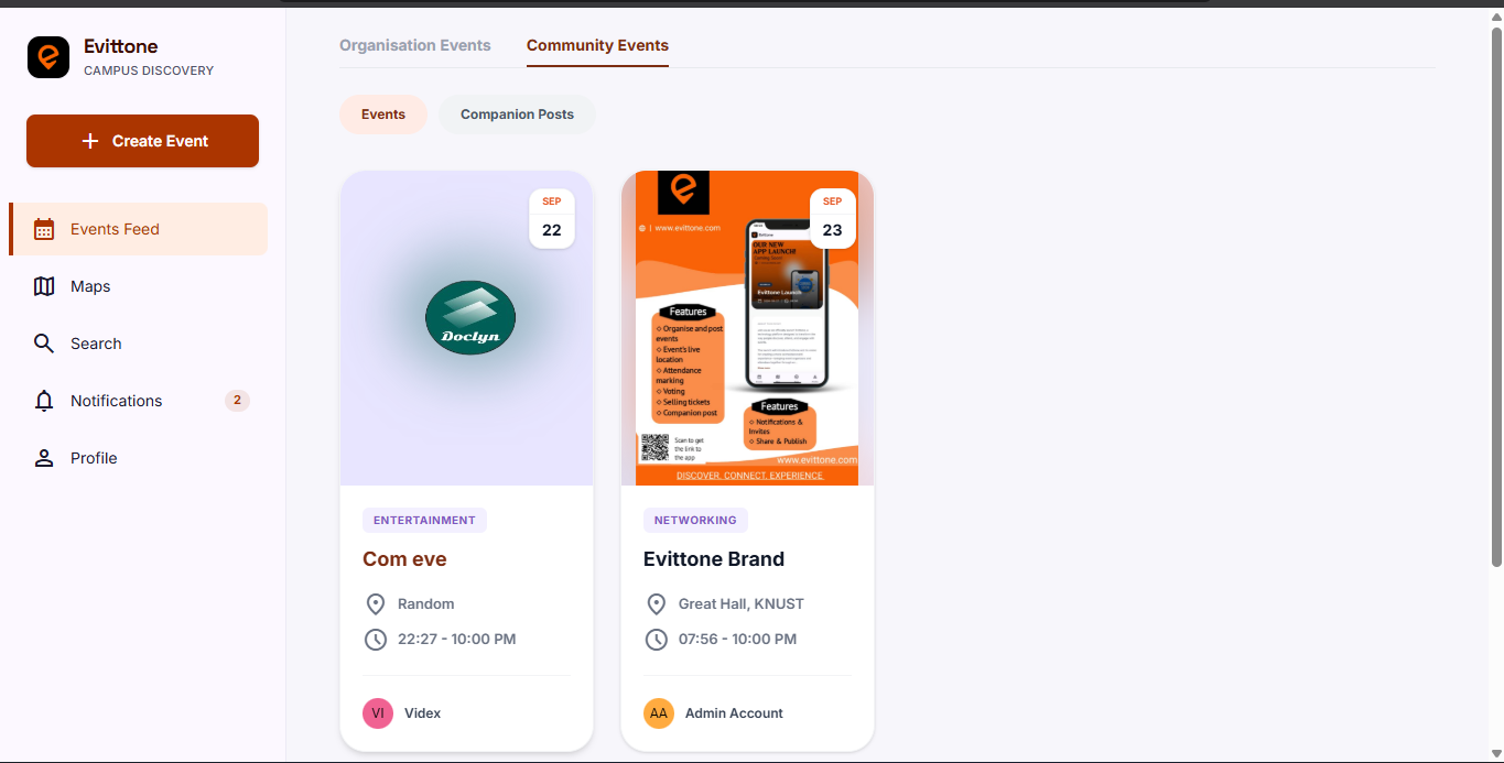 Evittone community post with a banner, dates, and like and share actions
