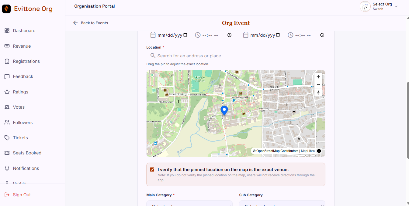 Creating an event on Evittone, step two