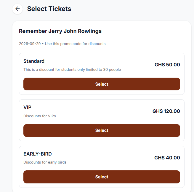 The ticketing screen for an event on Evittone