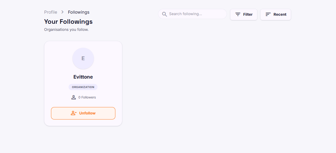 Evittone following feed listing new events from followed organizations