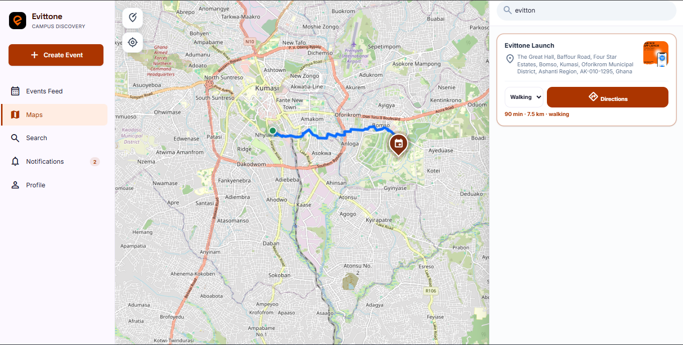Events shown as pins on the Evittone map