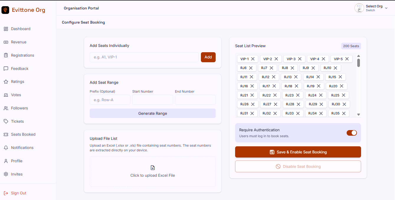 An event's seat booking configuration, as an organizer sees it in the Evittone dashboard