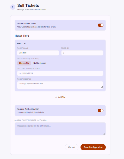 Sell tickets screen for organizers showing the ticket tiers for an event