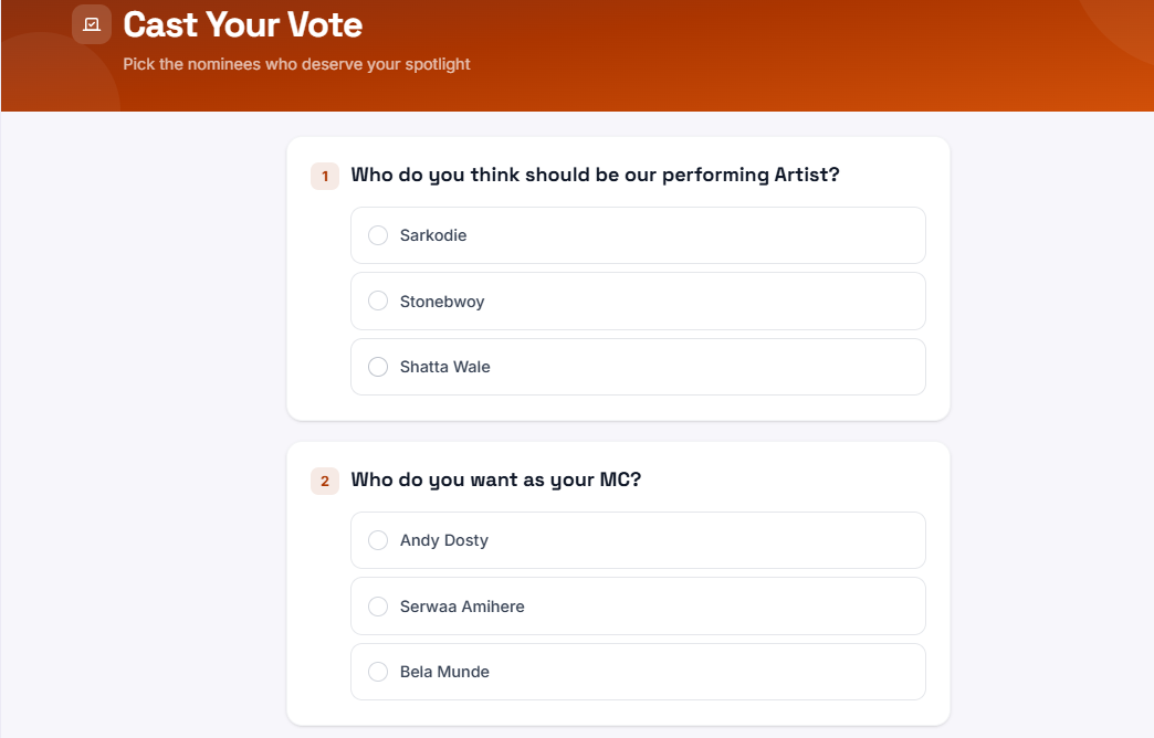 Evittone voting screen with a question and selectable options